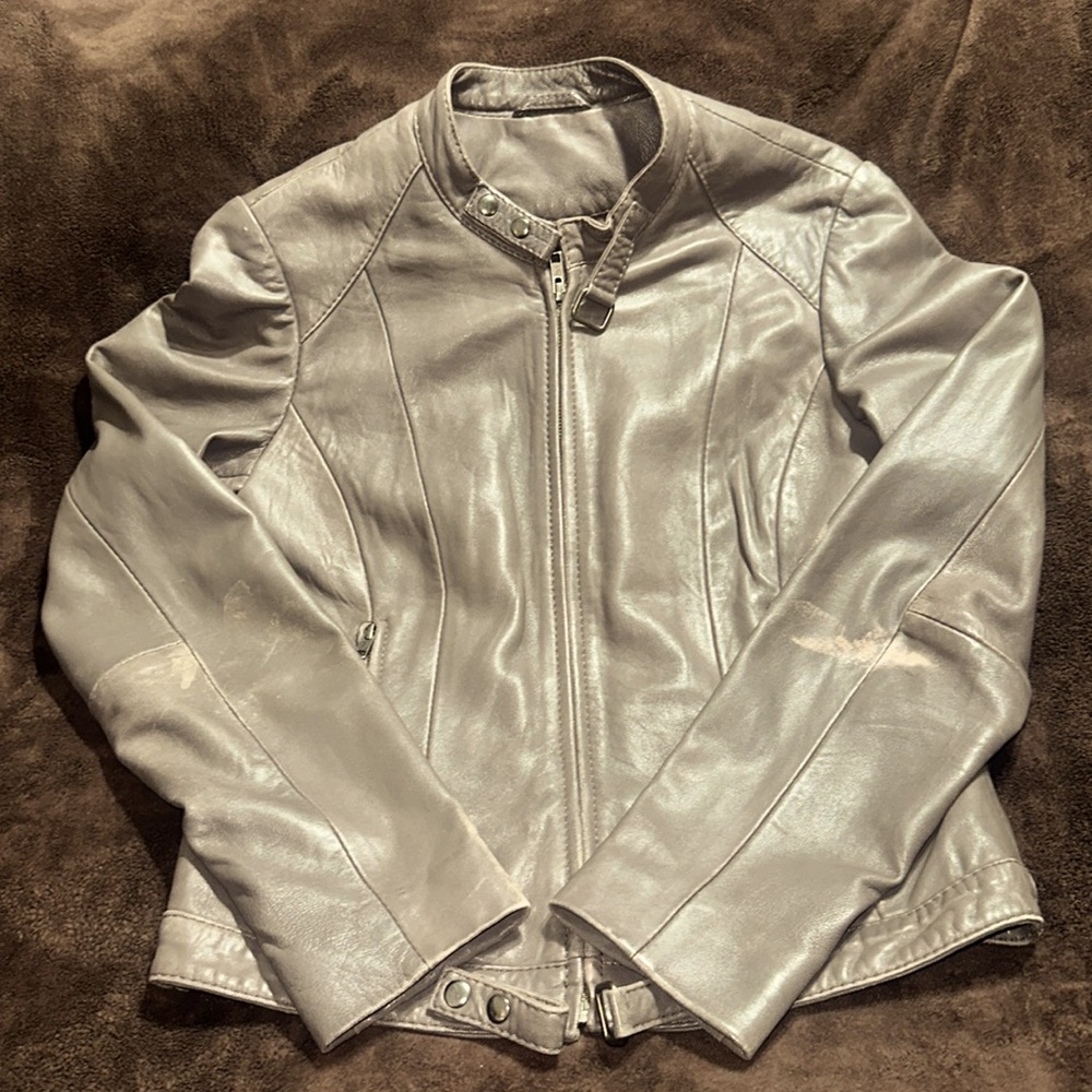 NAF NAF LEATHER JACKET. Women’s size 40 = Large. Greyish/Lanender color.